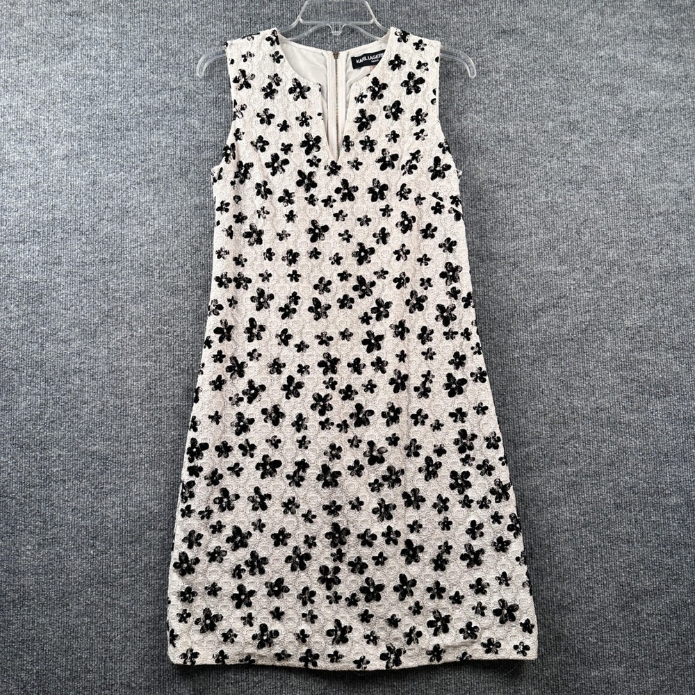Karl Lagerfeld Paris Womens White Black Flocked Floral Lace Shift Dress Size 4